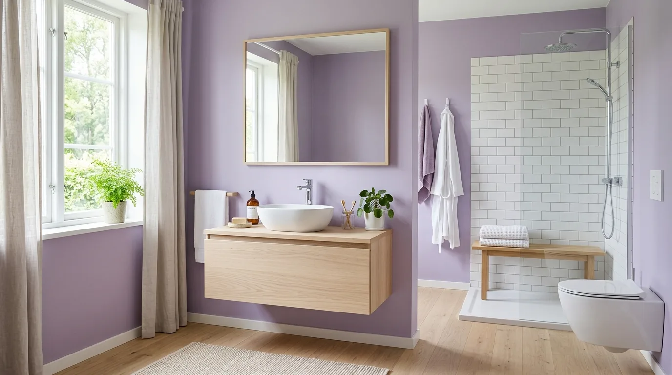 keep fixtures and lines thoughtful in a bathroom inspired by soothing light purple lavender.