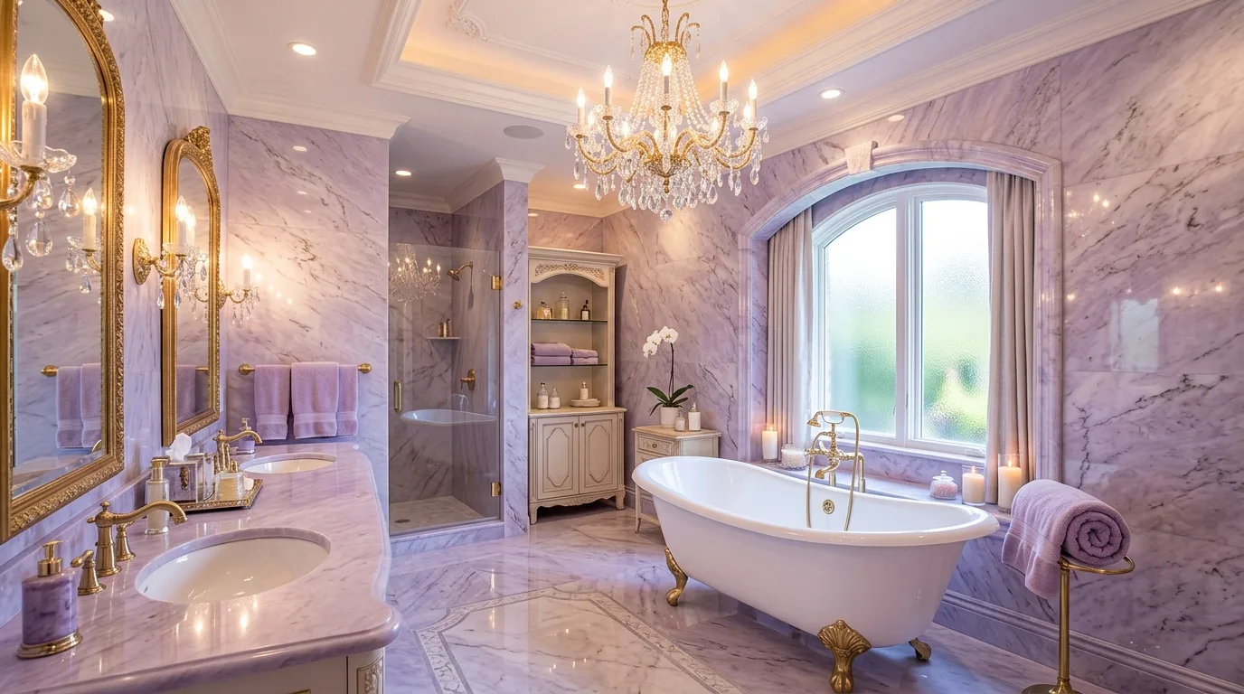 balance boldness with breathing room in a bathroom inspired by soothing light purple lavender.