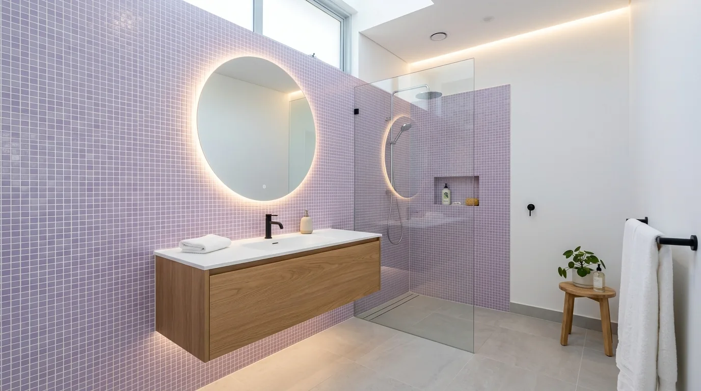 use decor that reinforces the look in a bathroom inspired by soothing light purple lavender.
