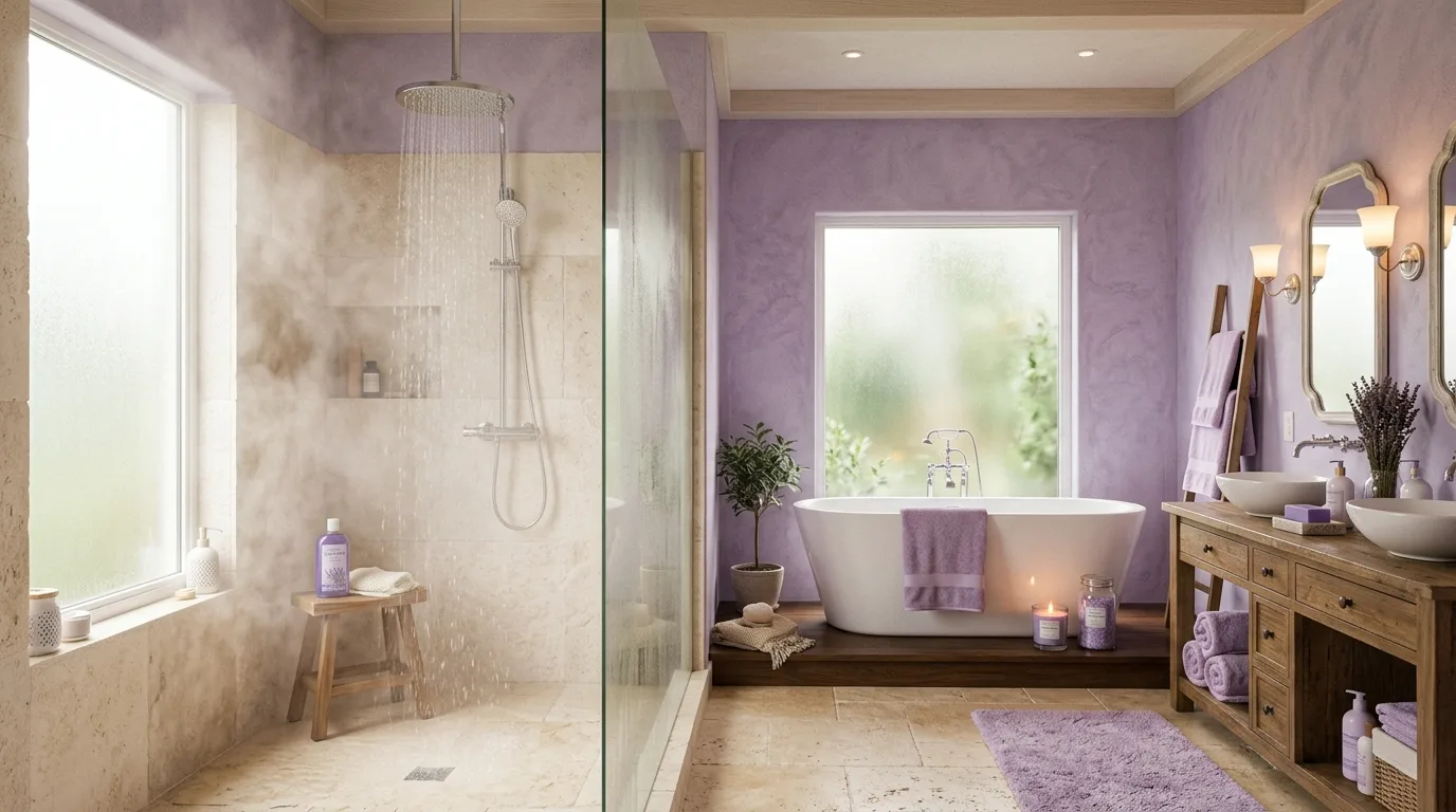 create a bathroom that feels complete in a bathroom inspired by soothing light purple lavender.