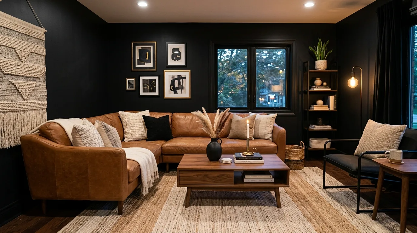 Sophisticated black and brown living room with a moody warm palette.