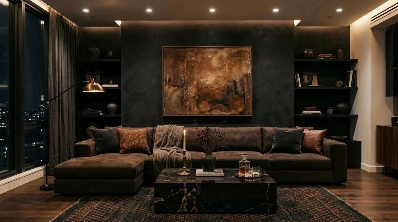 Black frame pieces adding definition to a brown living room palette.