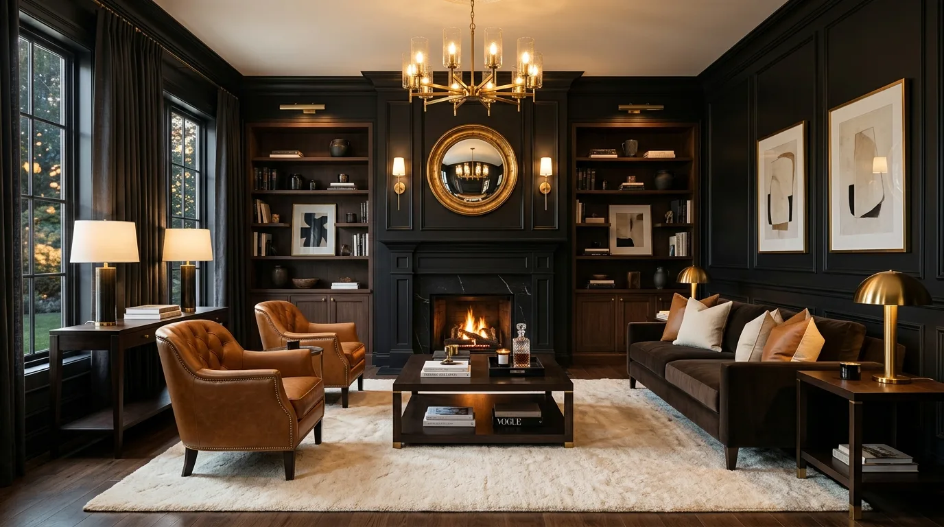 Leather and matte finishes layered in a moody black and brown living room.