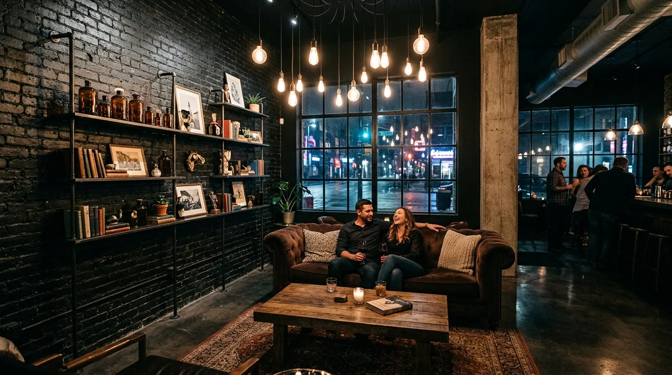 Wood tones bridging black and brown in a sophisticated living room.