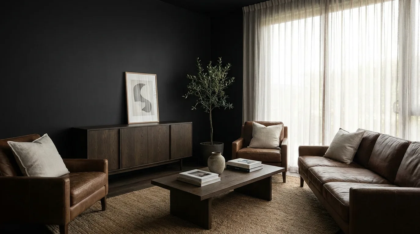 Light rug lifting a moody black and brown living room scheme.