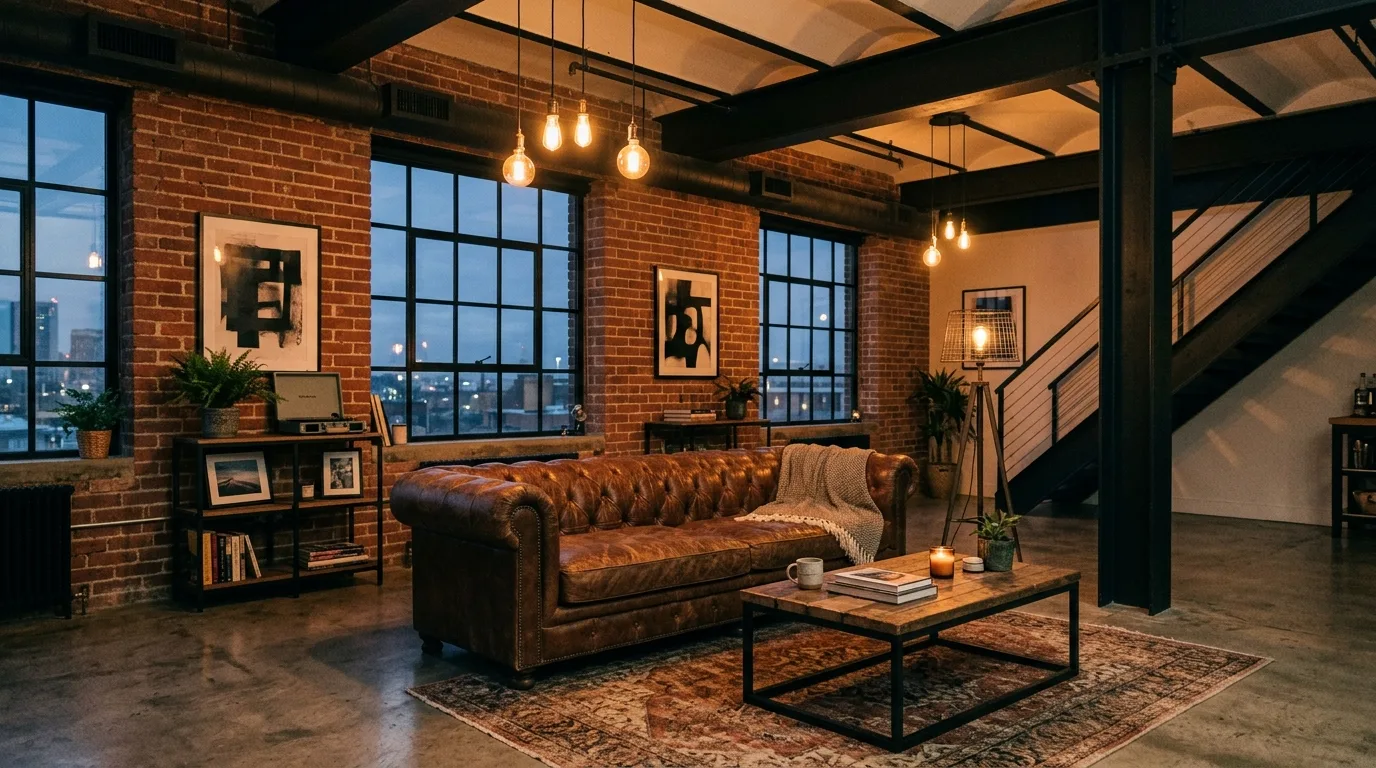 Bronze and warm metals accenting a black and brown living room.