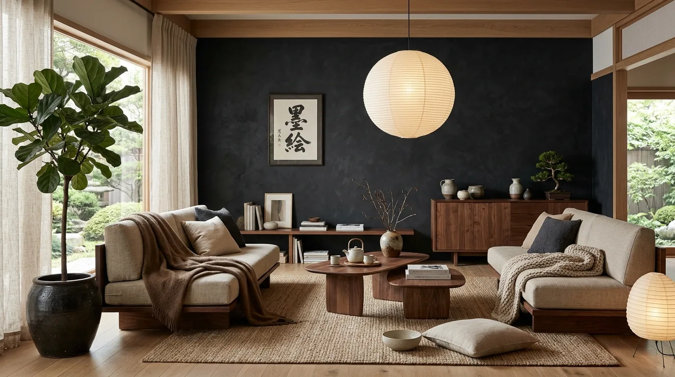 Different brown tones layered in a black and brown living room.