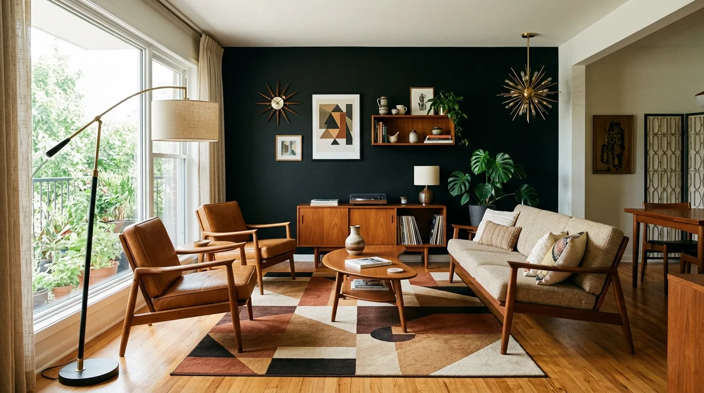 Intentional black accents balancing a sophisticated brown living room.