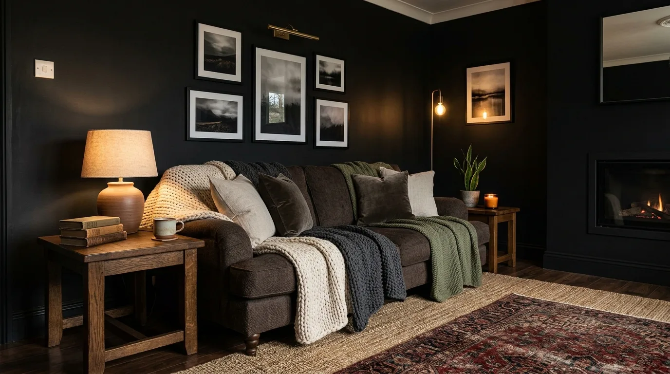 Soft warm lighting in a moody black and brown living room.