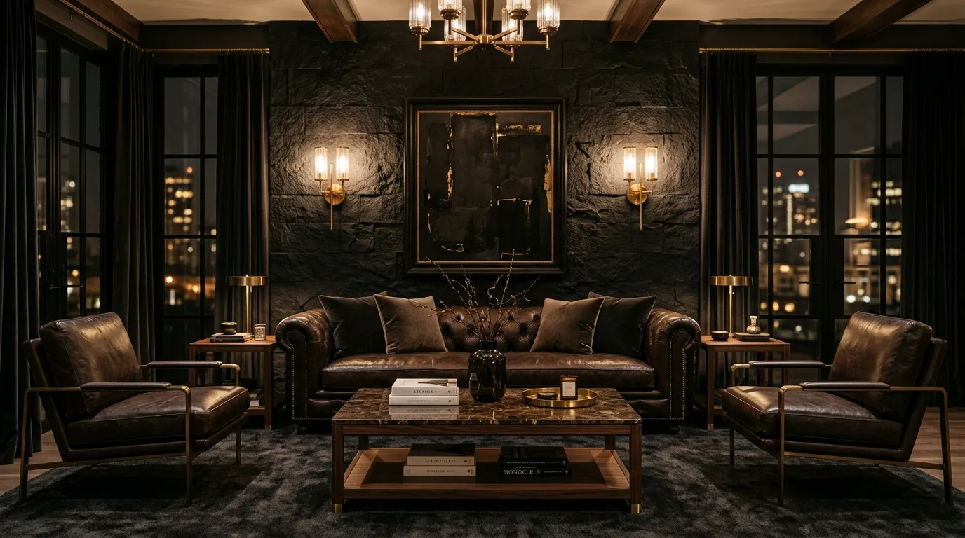 Cream accents contrasting with black and brown in a living room.