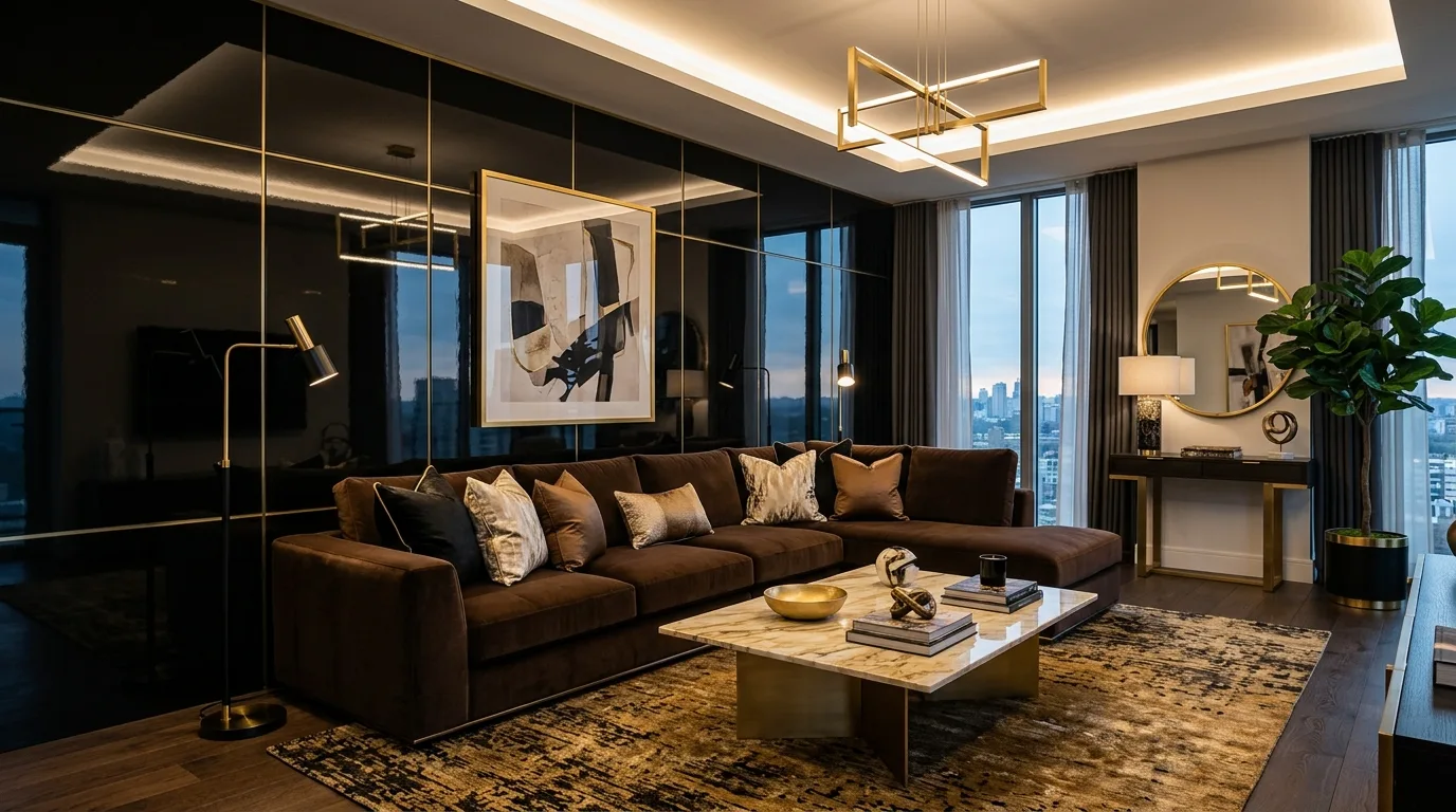 Moody black and brown living room that still feels warm and sophisticated.
