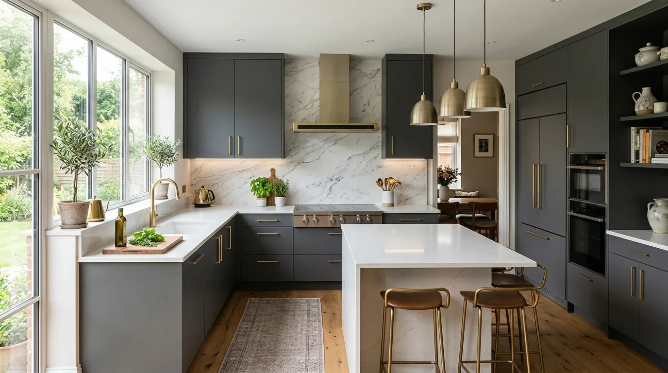 Sophisticated dark grey kitchen cabinets creating modern depth.
