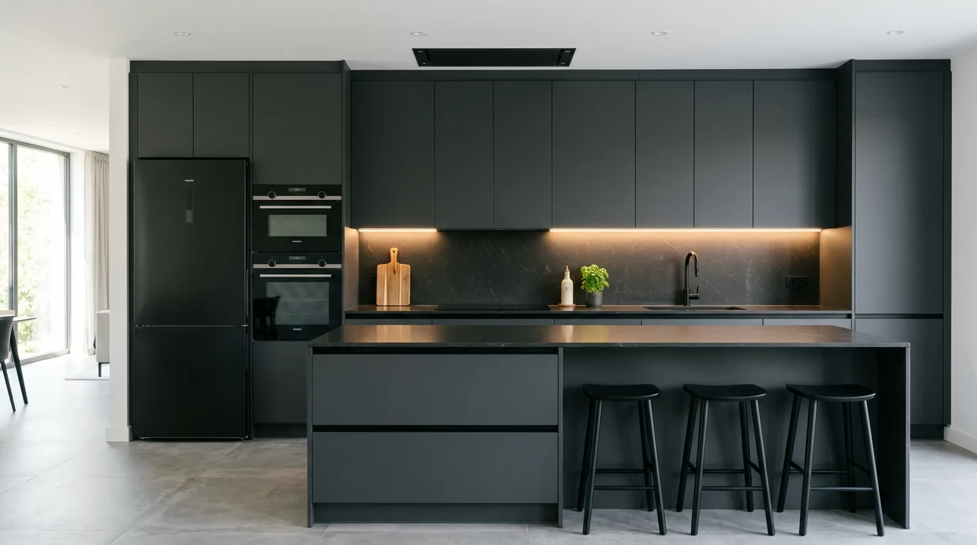 Dark grey cabinets acting as a calm modern kitchen anchor.