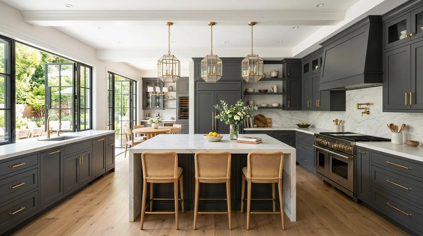 Warm wood paired with sophisticated dark grey kitchen cabinets.