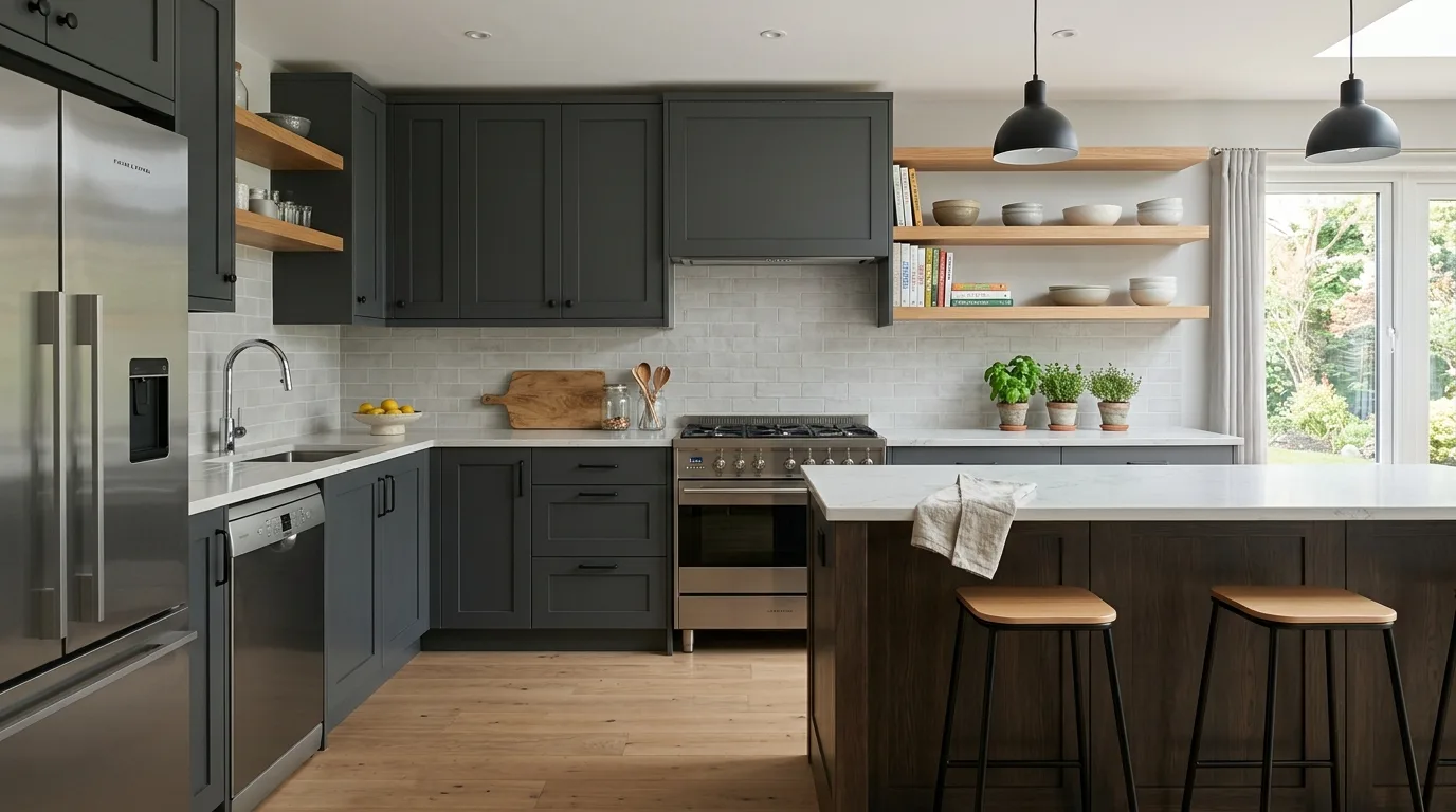 Light counters contrasting with dark grey kitchen cabinets.