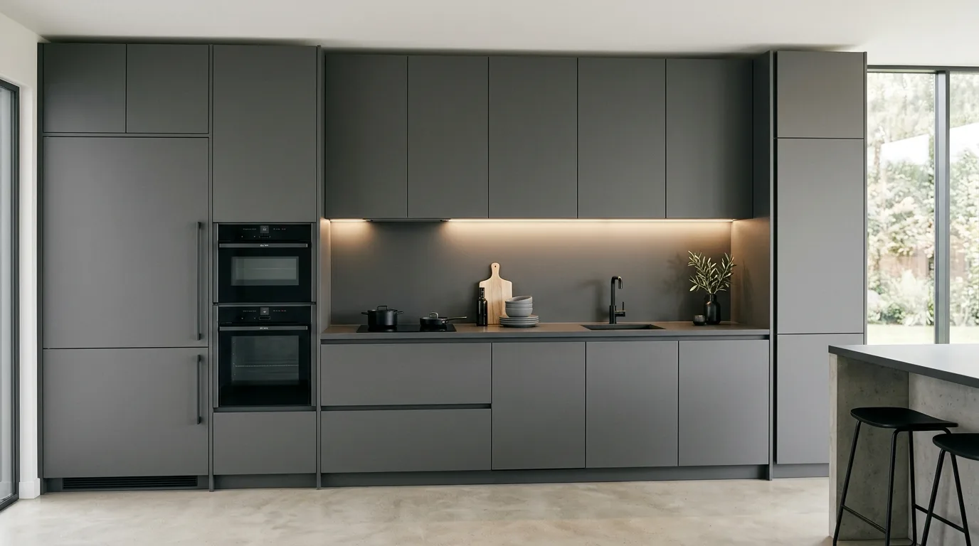 Subtle shiny hardware on sophisticated dark grey cabinets.