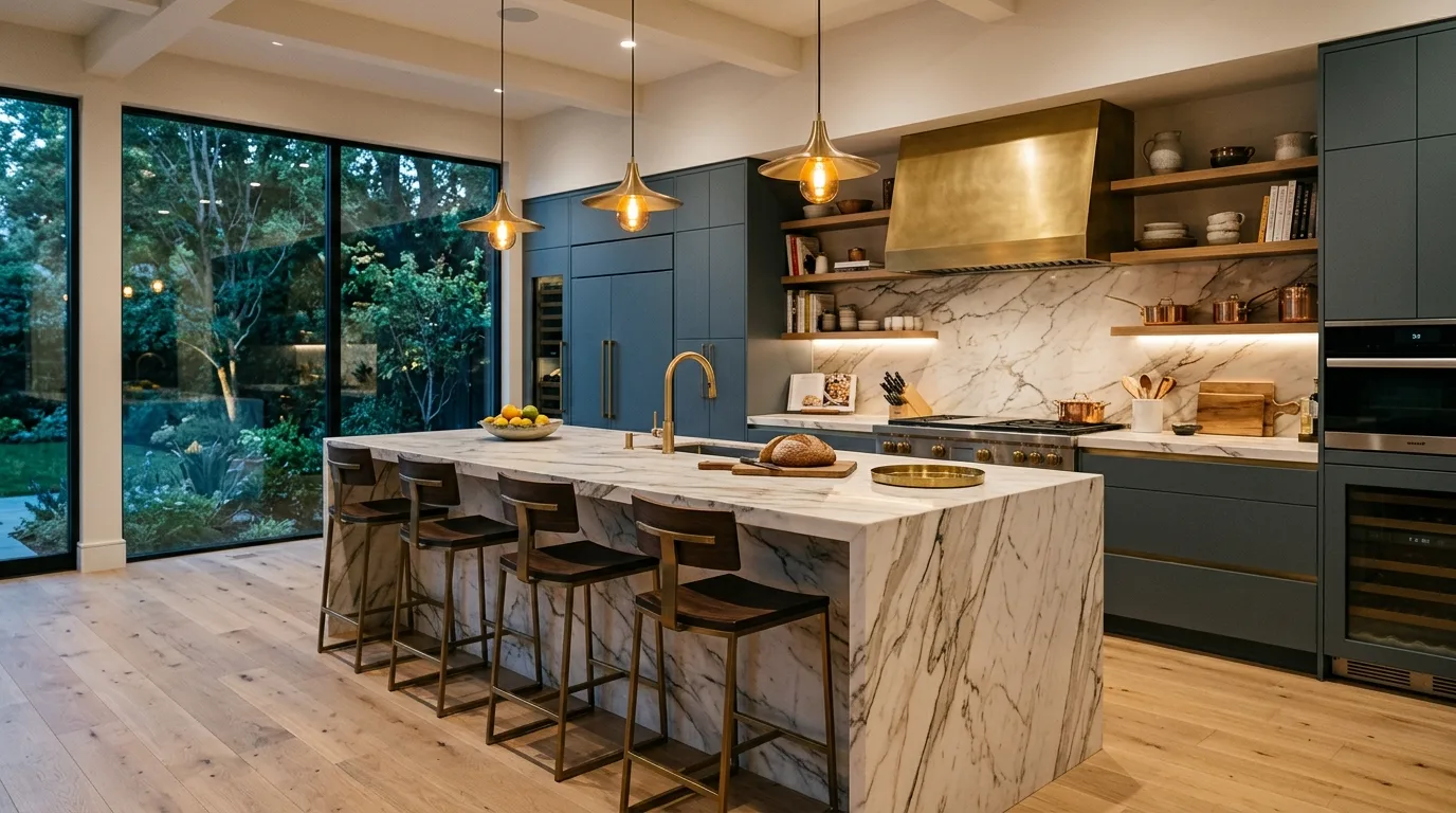 Layered lighting keeping dark grey cabinets from looking flat.