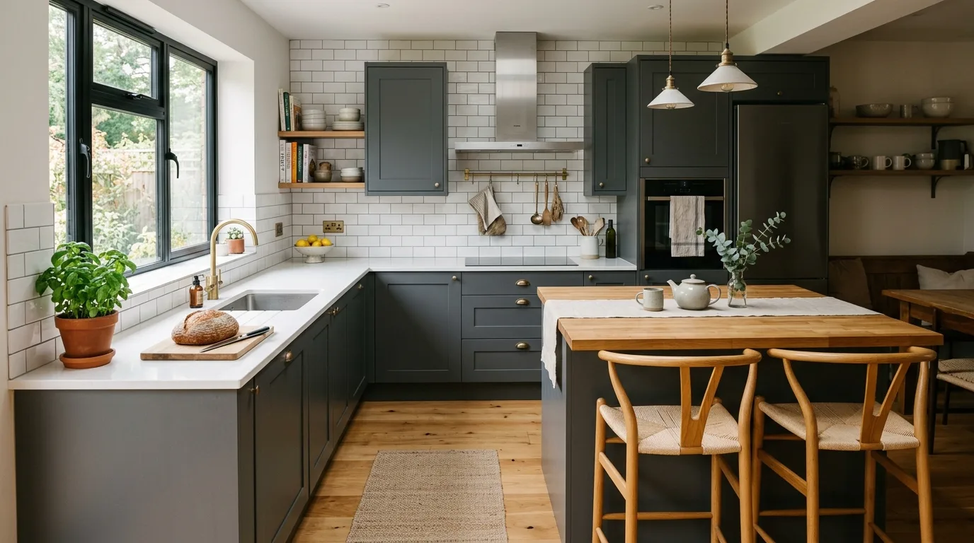 Tonal refined palette with dark grey kitchen cabinets.