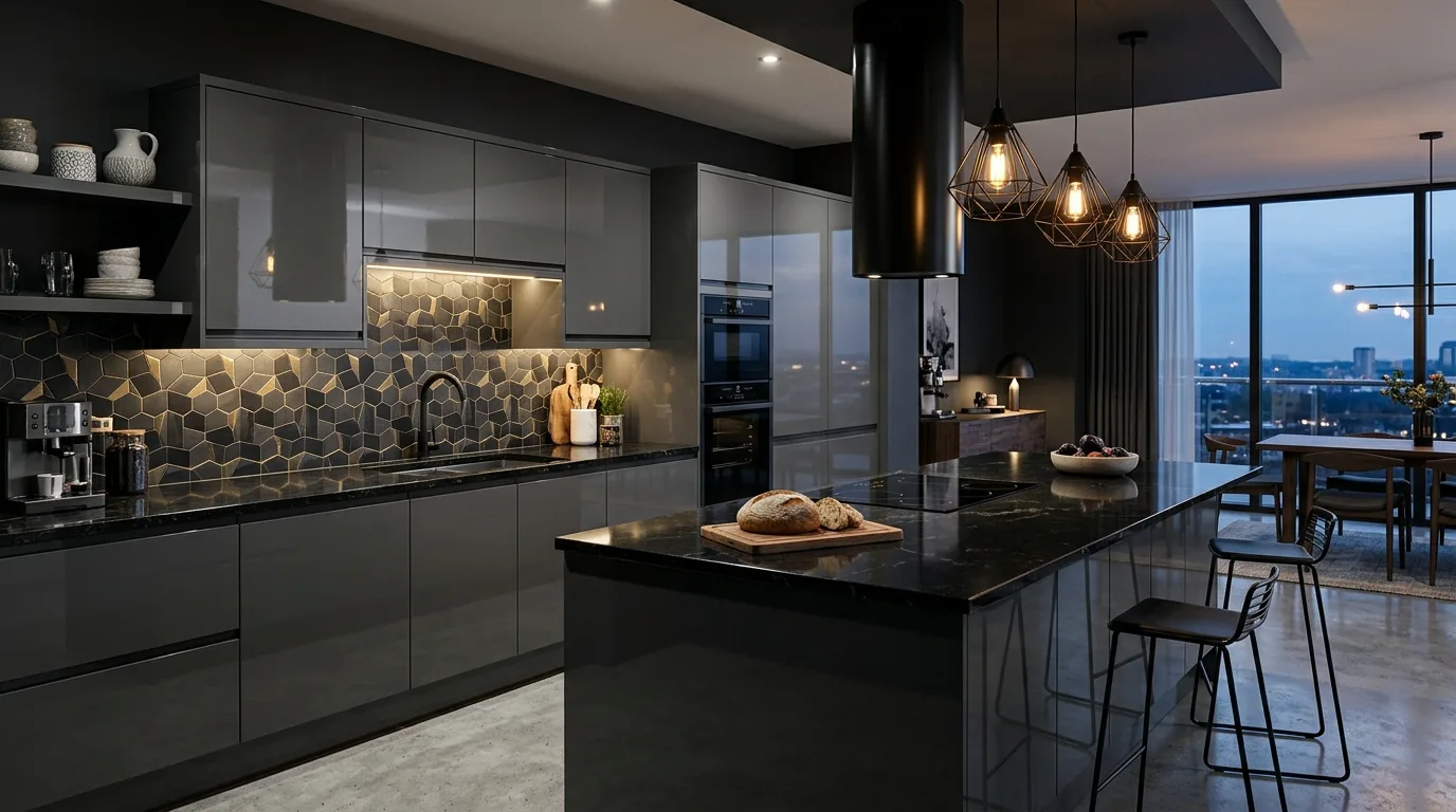 Stone backsplash adding texture behind dark grey cabinets.