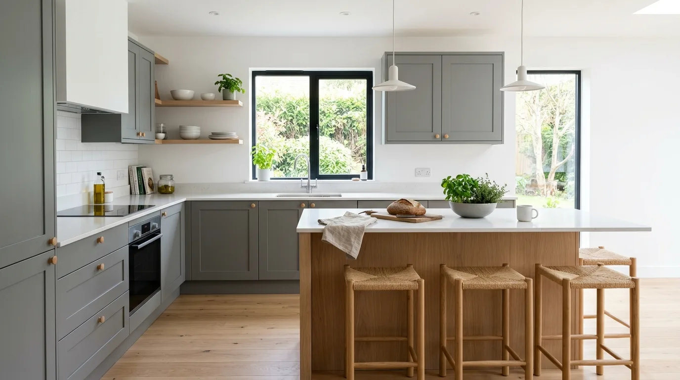 Open space balancing modern depth in a dark grey kitchen.