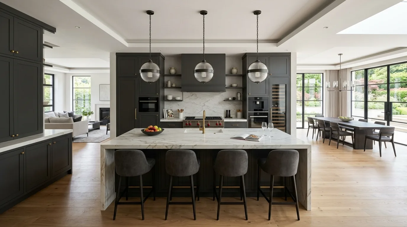 Moody timeless kitchen with sophisticated dark grey cabinets.