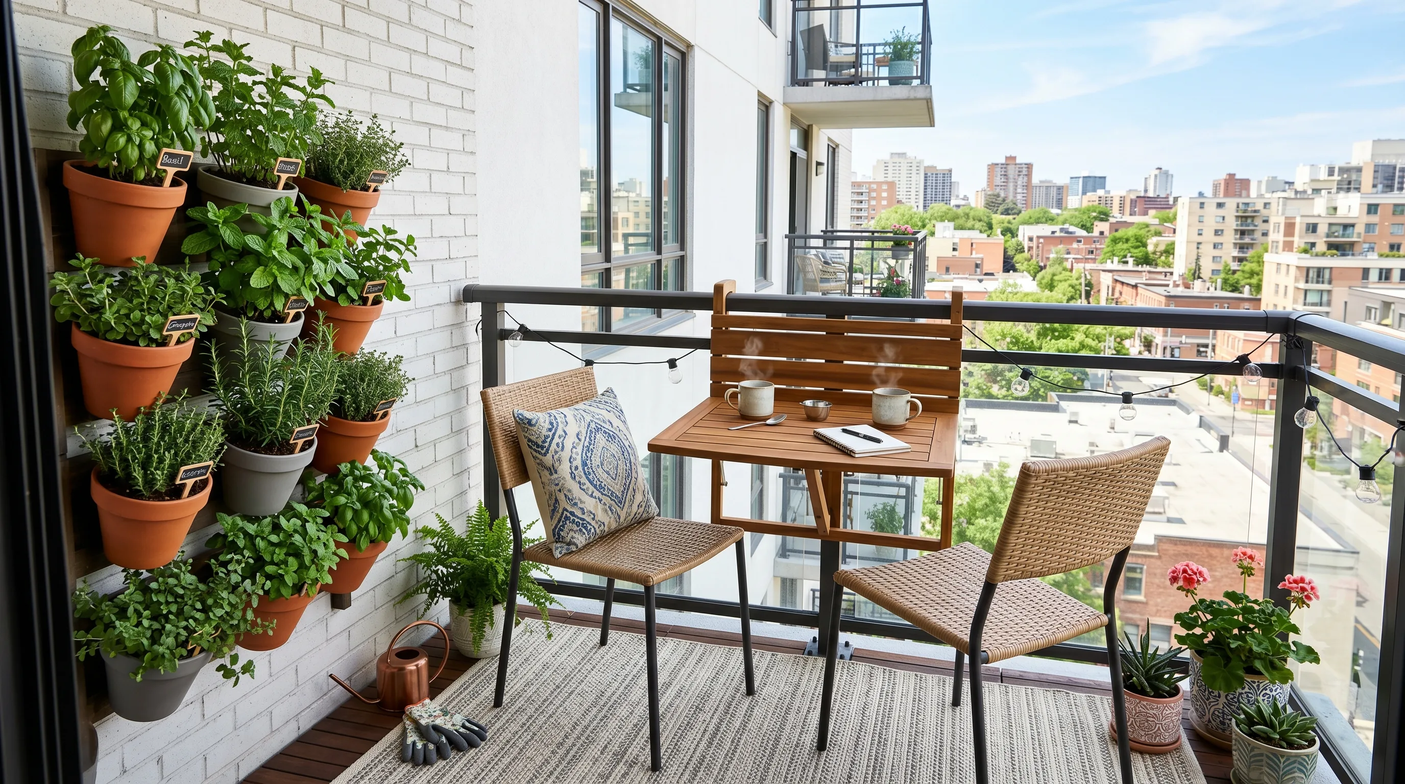 Small balcony furnished with space-saving pieces for a tiny footprint.