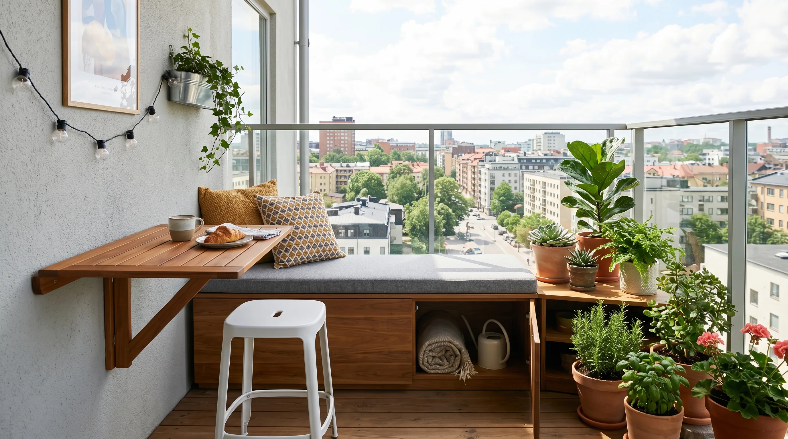 Slim bench fitting neatly on a small balcony.
