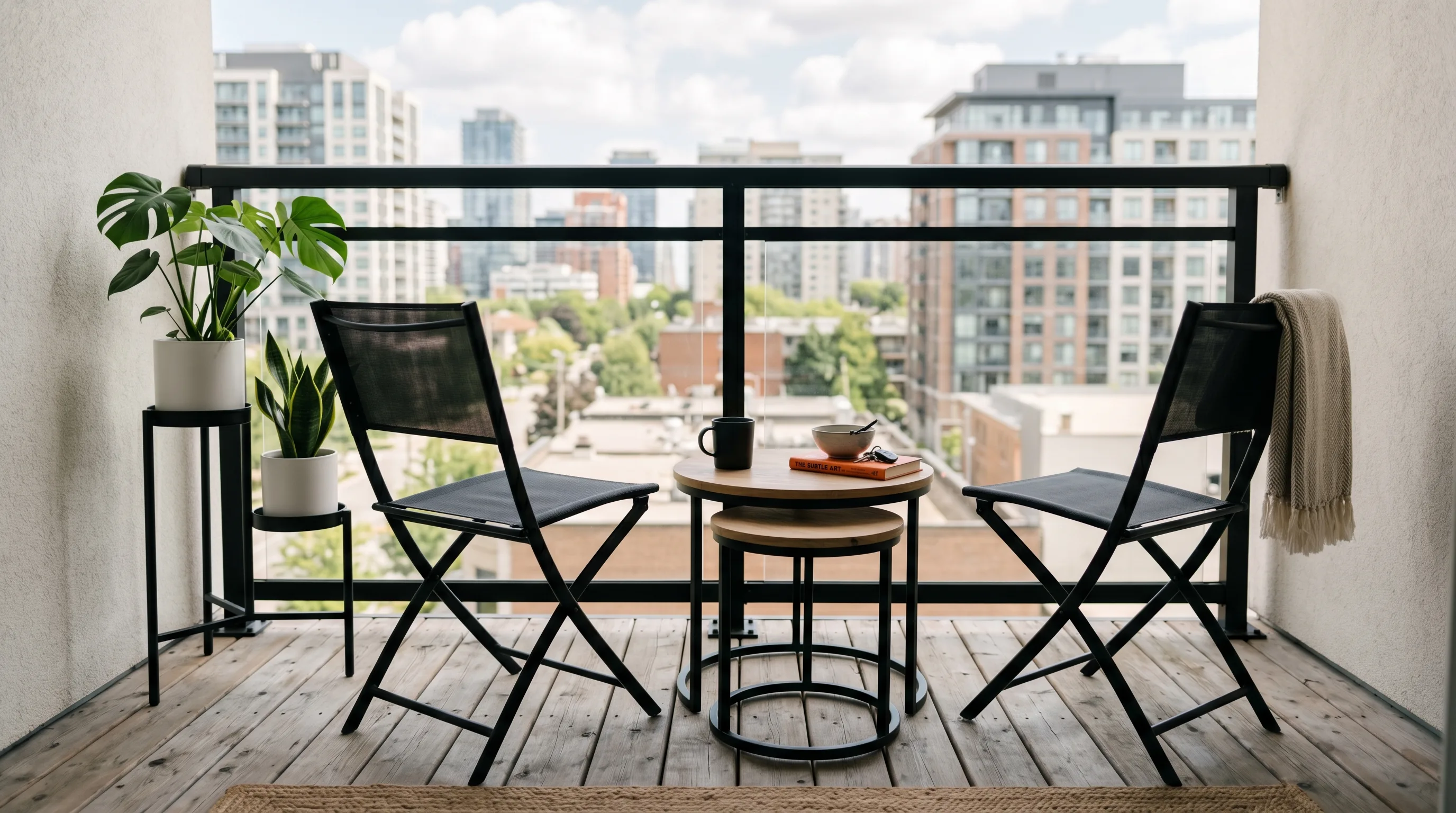 Railing-mounted balcony table saving space in a tiny outdoor nook.
