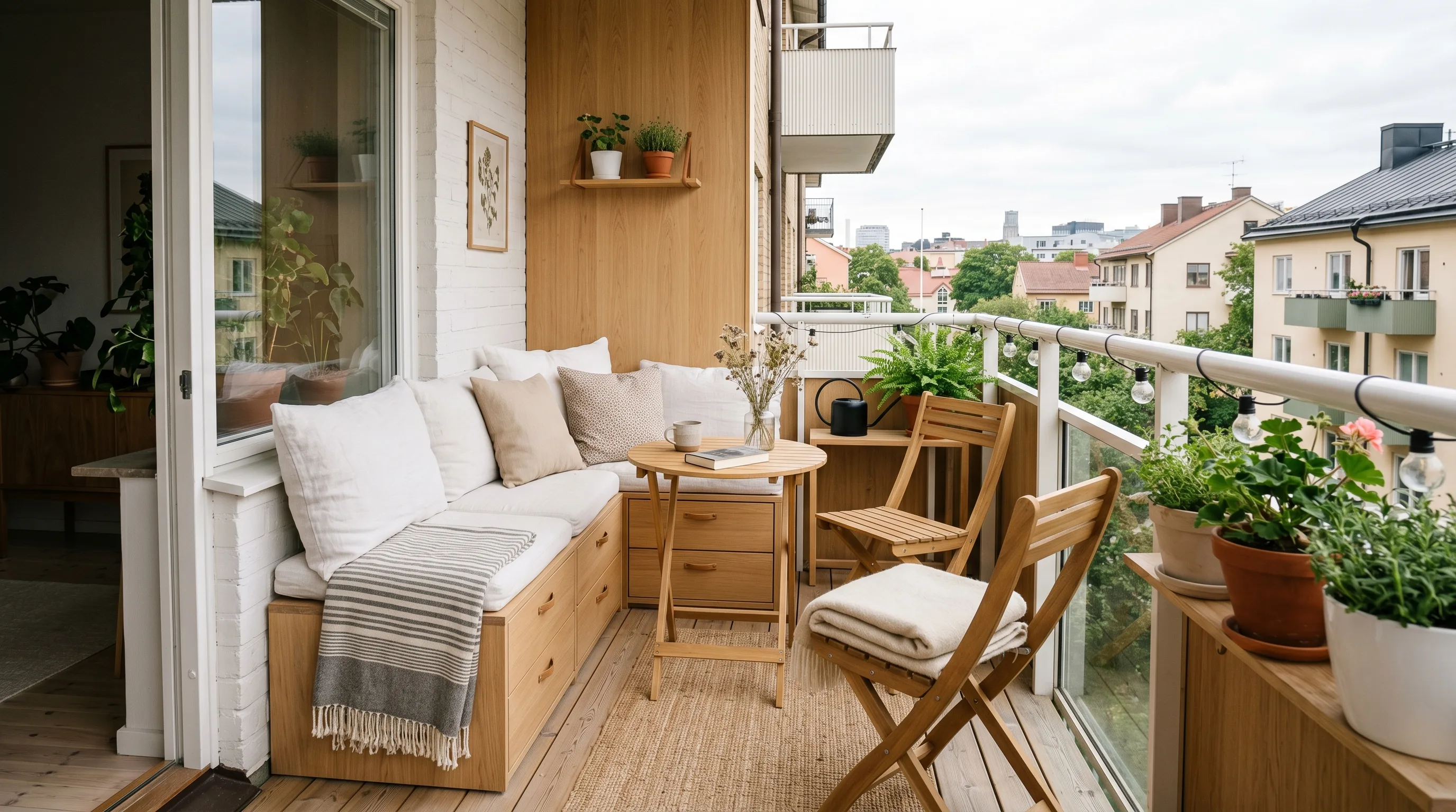 Stackable stools adding flexible seating to a tiny balcony.