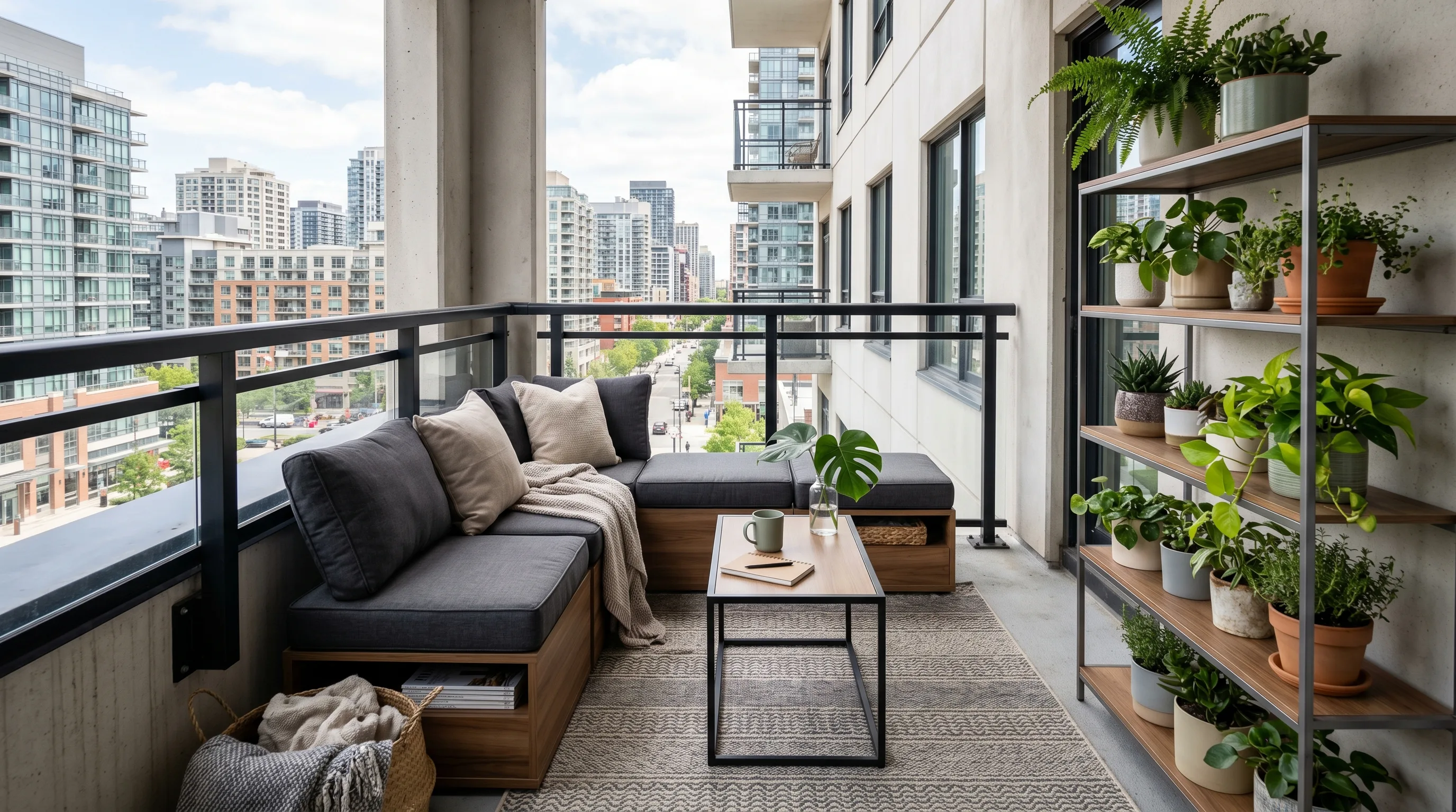 Storage bench adding hidden function to a small balcony.