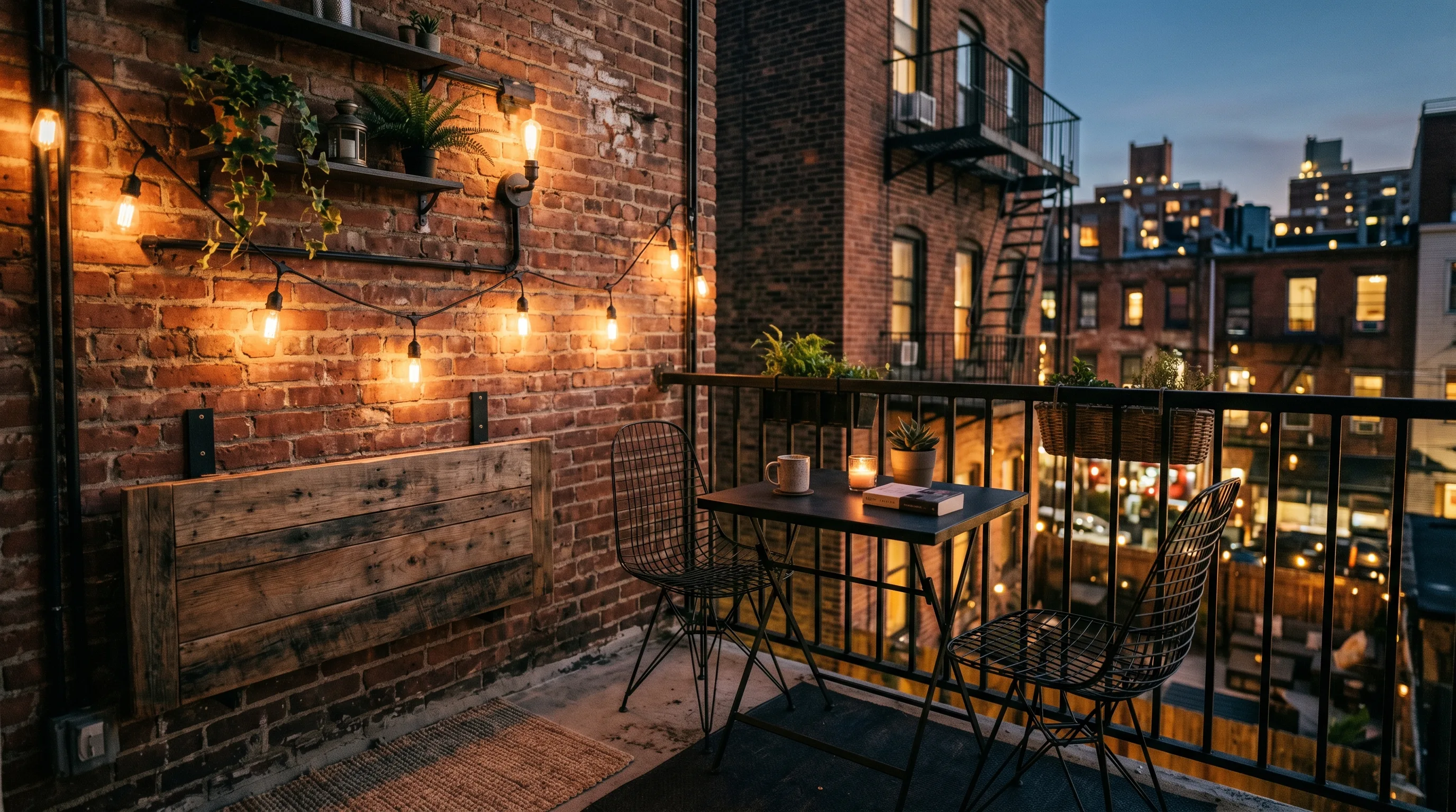 Open-frame chairs keeping a small balcony visually light.