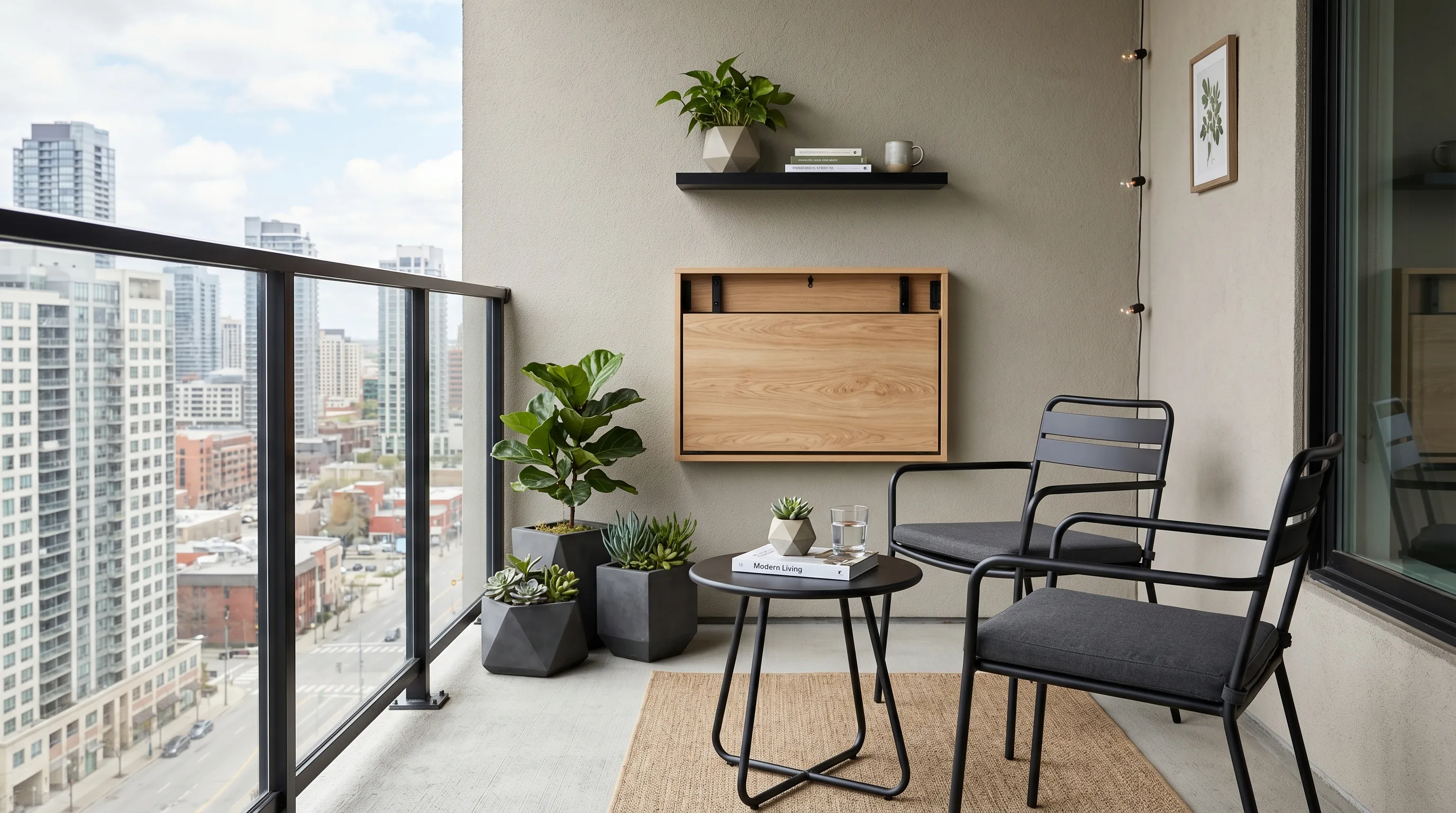 One statement furniture piece anchoring a small balcony layout.