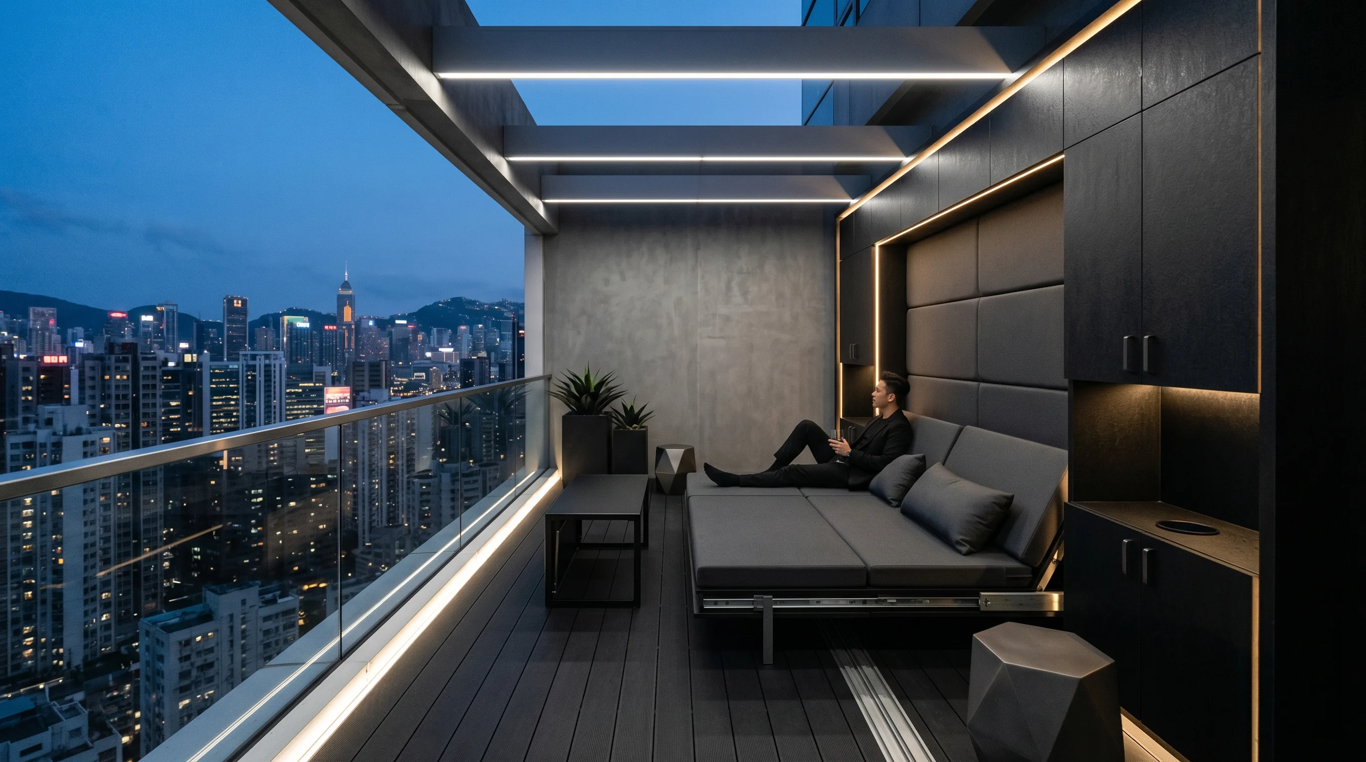 Low balcony furniture creating a more open spacious feeling.