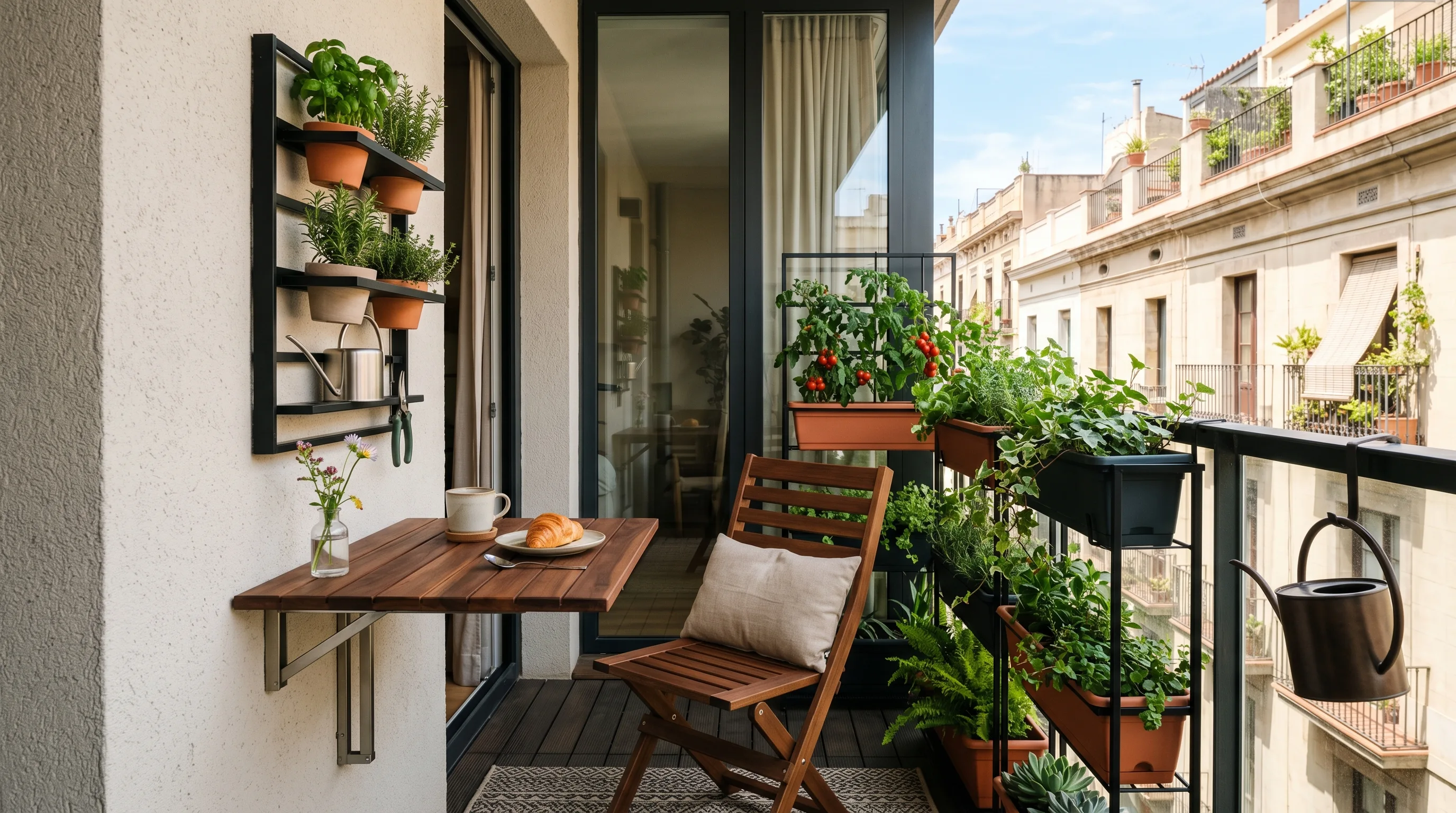 Well-chosen furniture making a tiny balcony easy to use and enjoy.