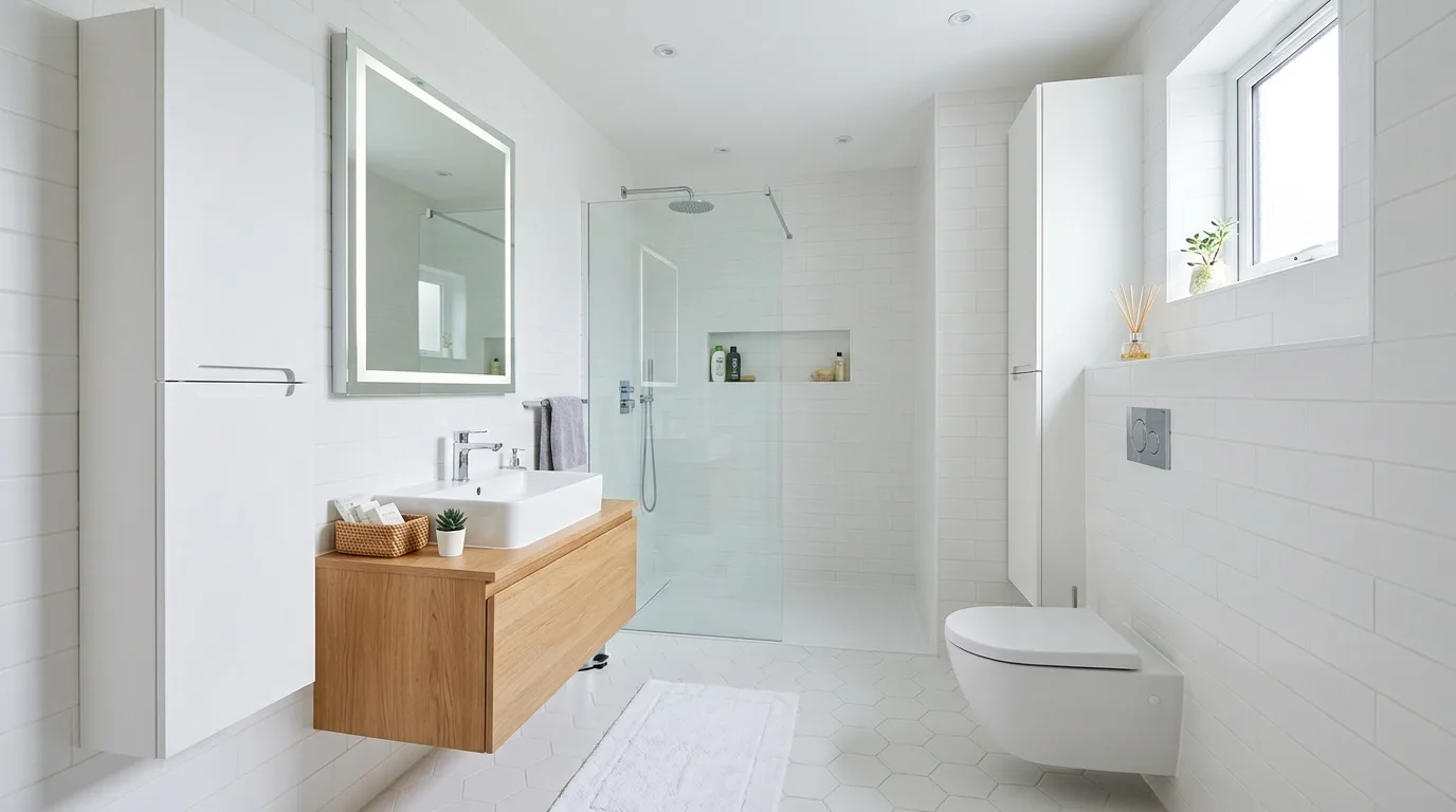 Space-Saving Small Bathroom Storage Ideas for Clutter Control in a thoughtfully styled bathroom.
