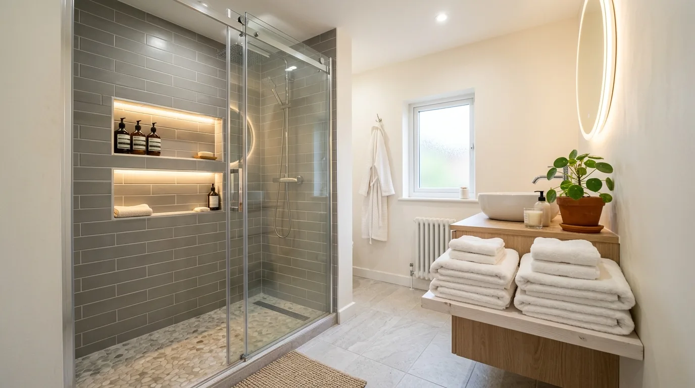 start with the main color or material story in a bathroom inspired by space saving storage clutter.