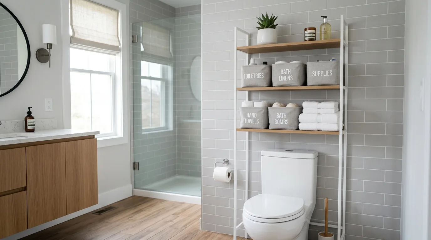 pair it with finishes that support the mood in a bathroom inspired by space saving storage clutter.
