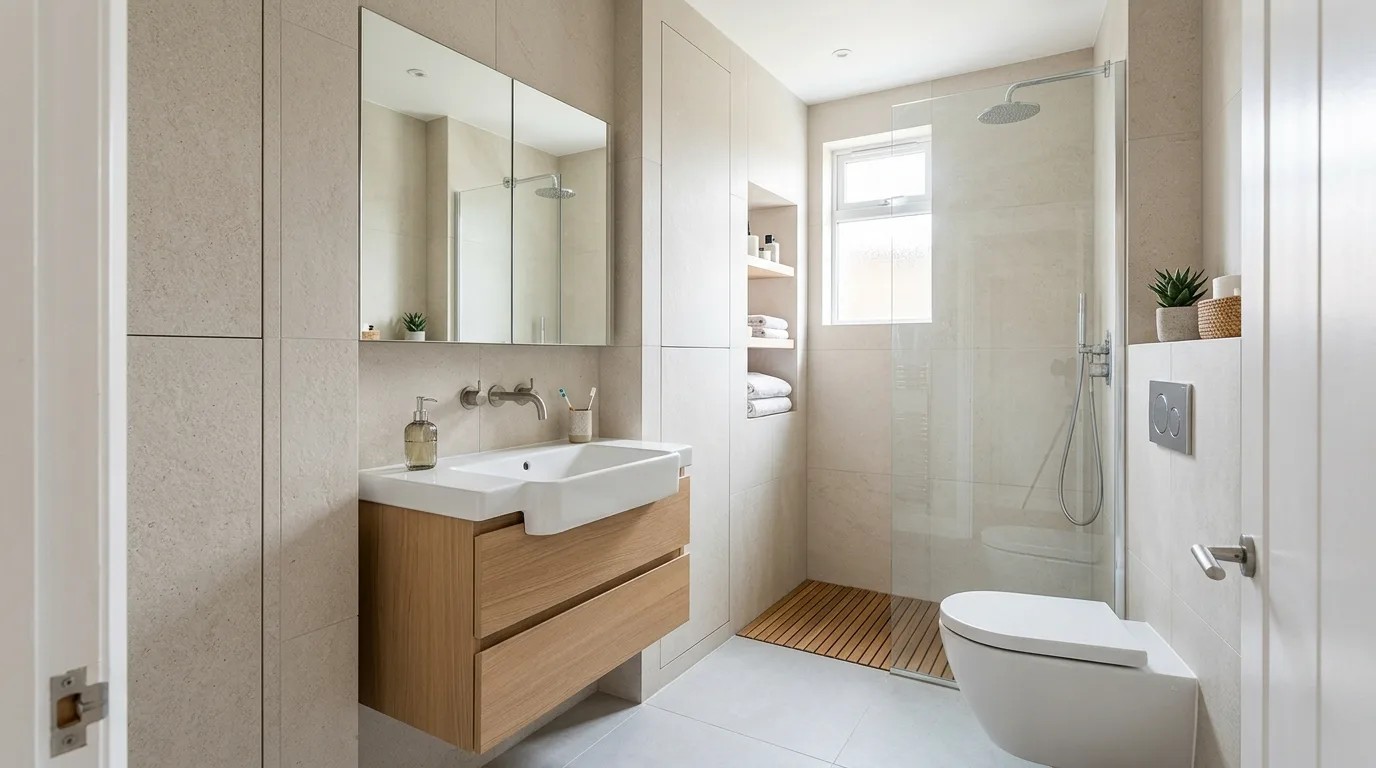 use lighting to bring the space to life in a bathroom inspired by space saving storage clutter.