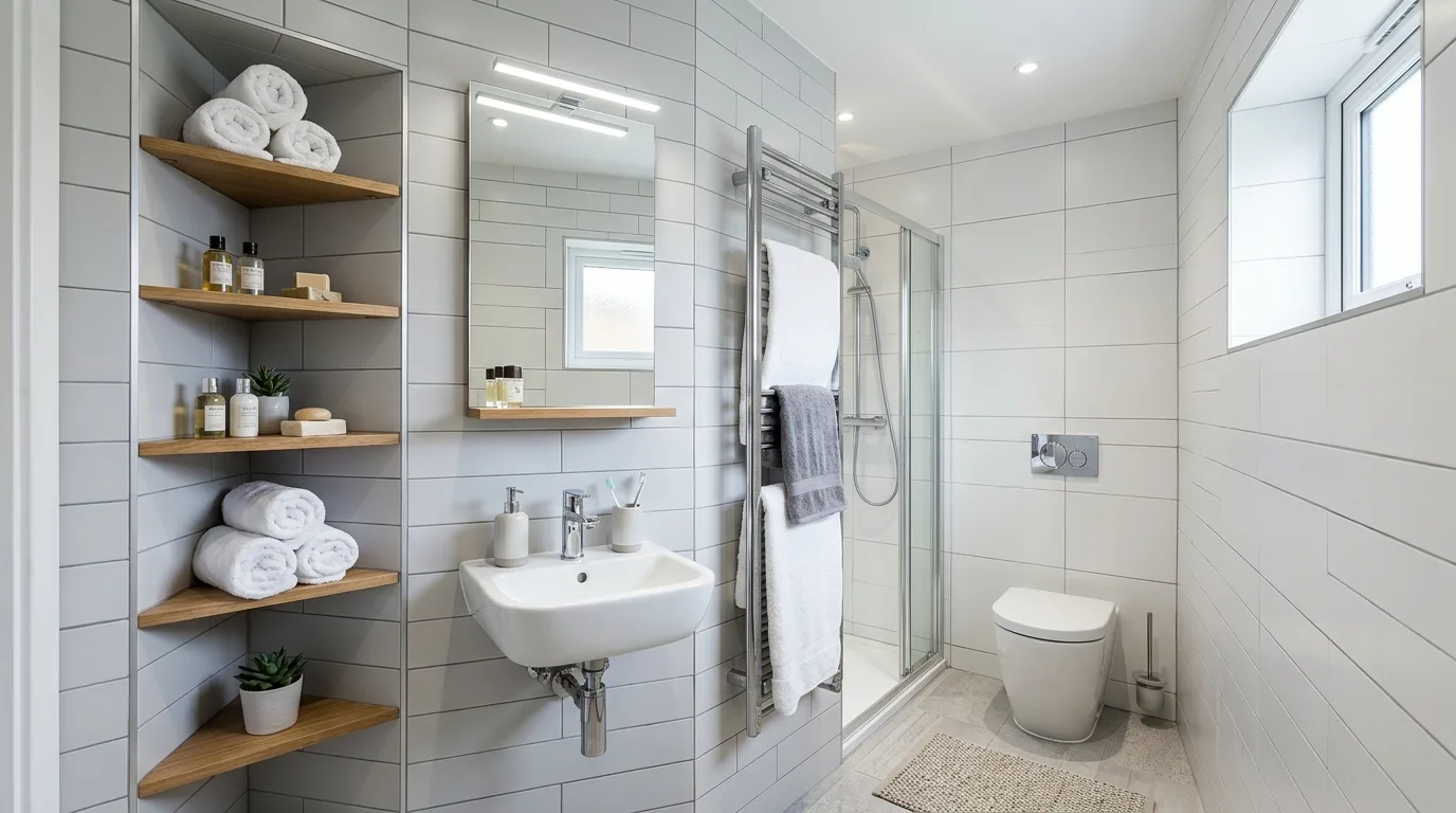 add texture for more depth in a bathroom inspired by space saving storage clutter.