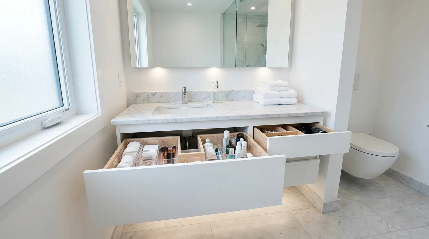 keep fixtures and lines thoughtful in a bathroom inspired by space saving storage clutter.