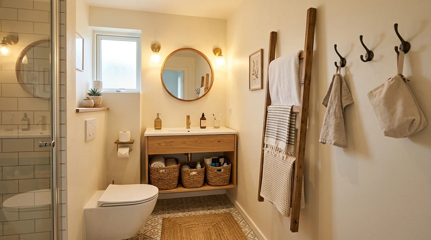 balance boldness with breathing room in a bathroom inspired by space saving storage clutter.