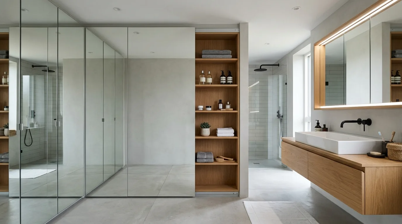 use decor that reinforces the look in a bathroom inspired by space saving storage clutter.