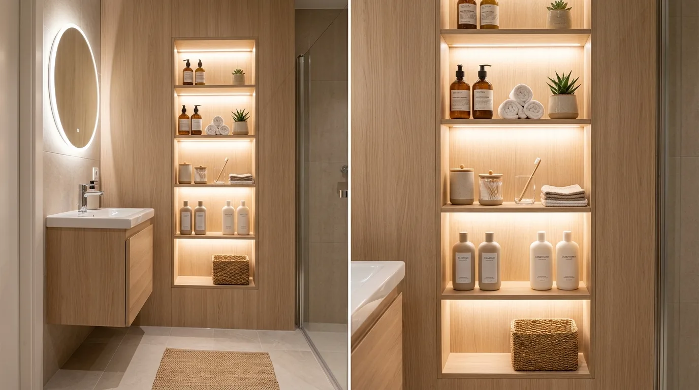 let the room feel personal and restful in a bathroom inspired by space saving storage clutter.