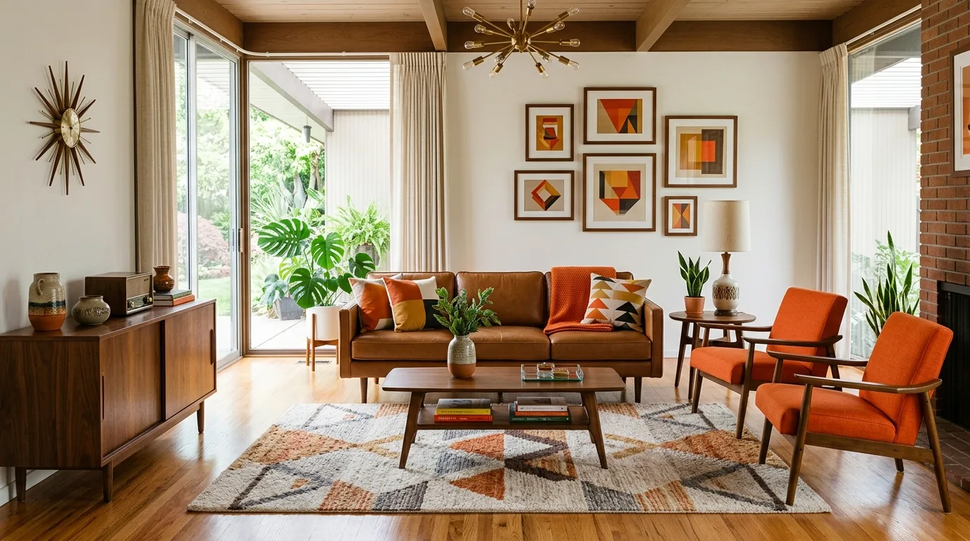 start with the main anchor piece in a living room inspired by spicy brown orange retro.