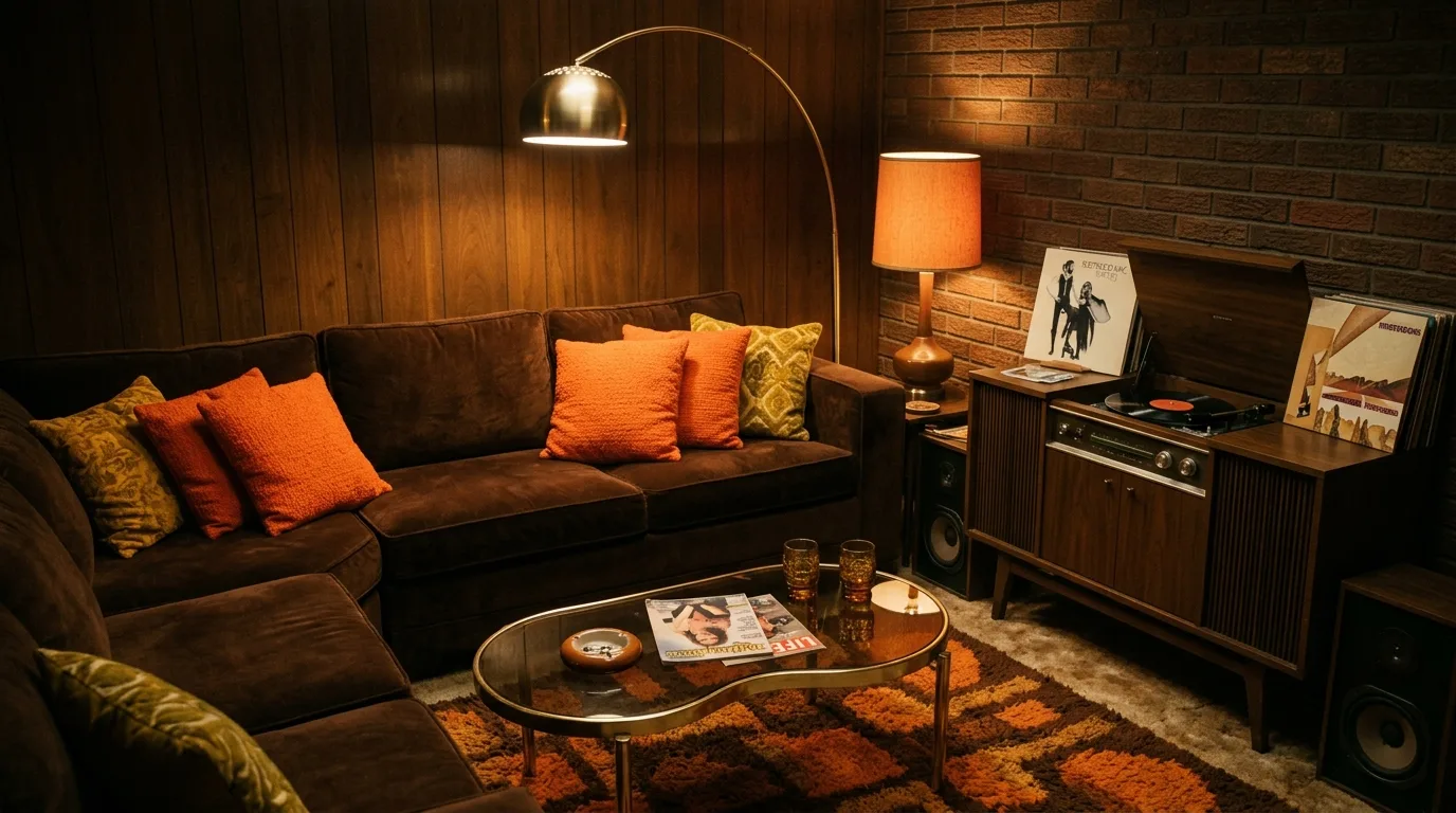 pair it with colors that support the mood in a living room inspired by spicy brown orange retro.