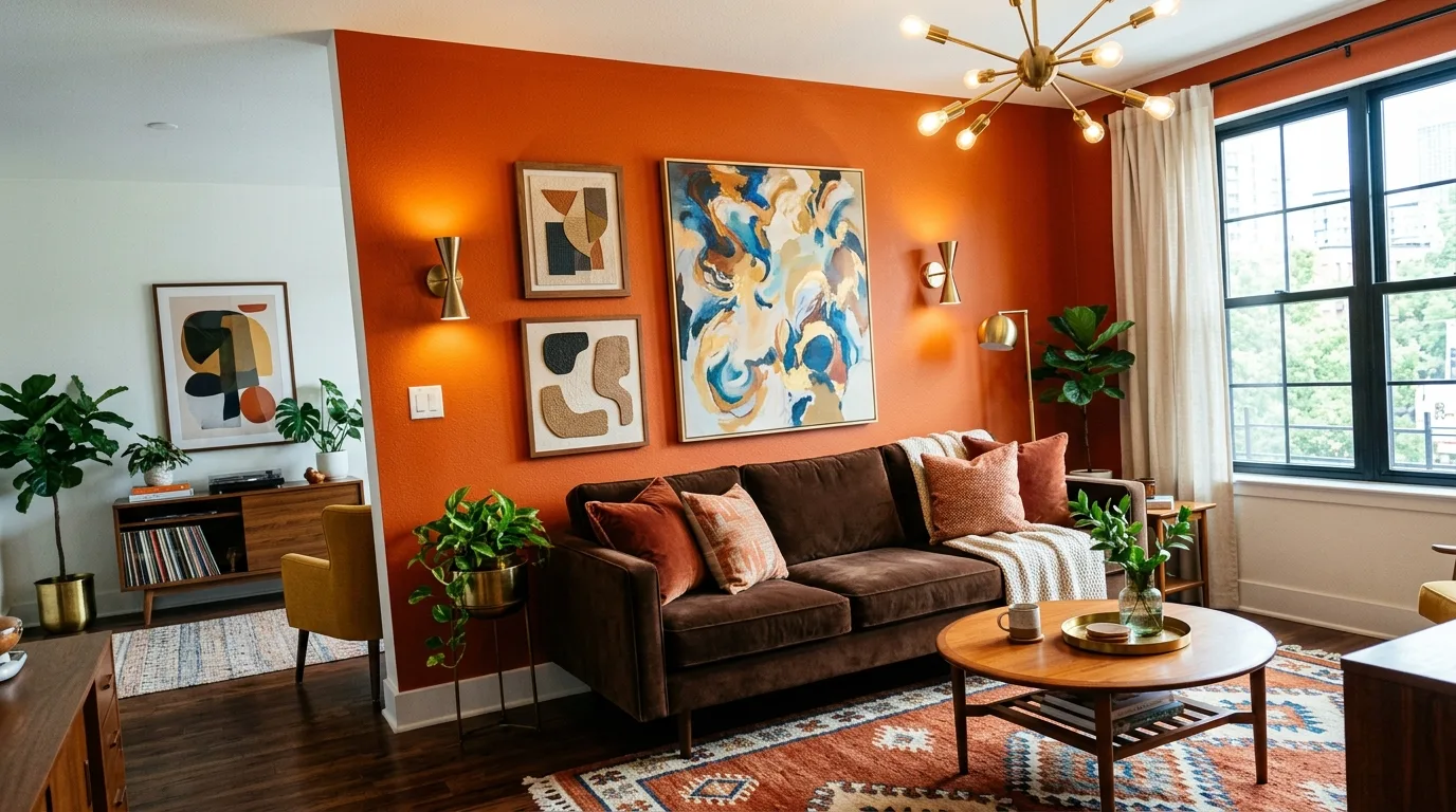 use lighting to warm the room in a living room inspired by spicy brown orange retro.