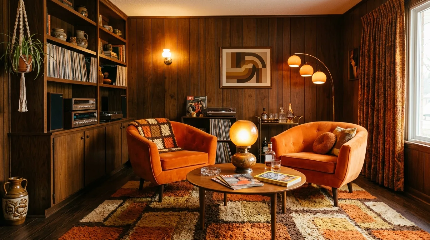 layer texture for added comfort in a living room inspired by spicy brown orange retro.