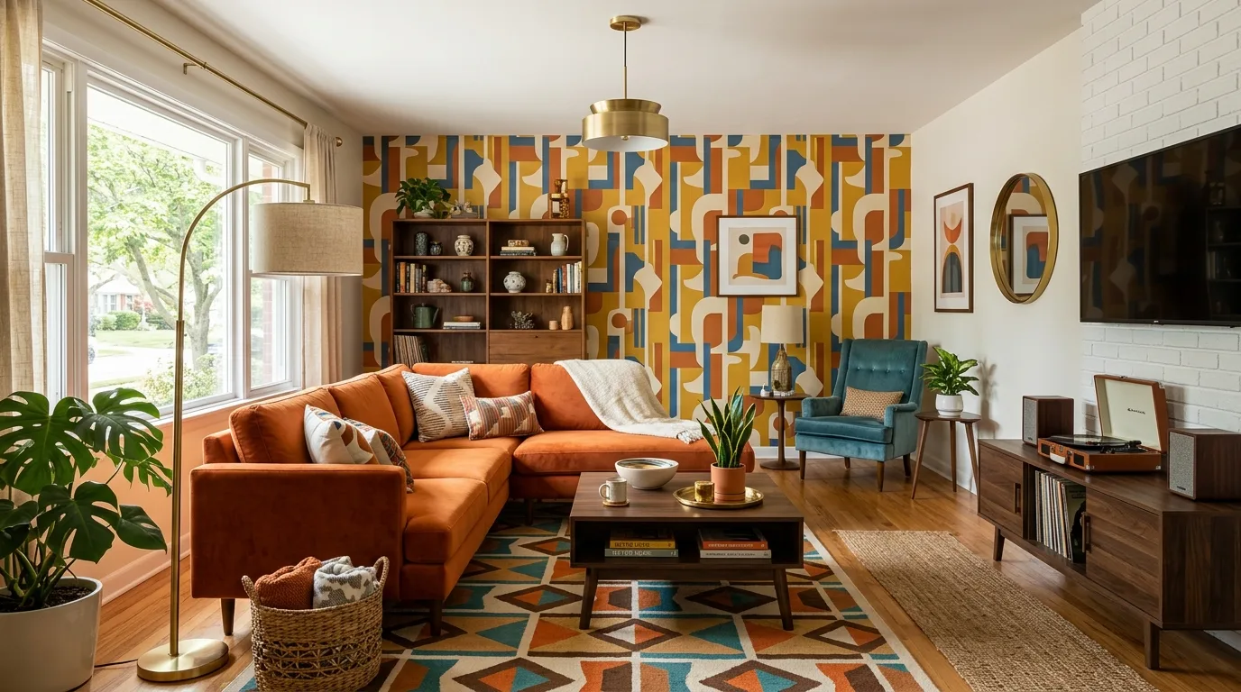 keep furniture placement intentional in a living room inspired by spicy brown orange retro.