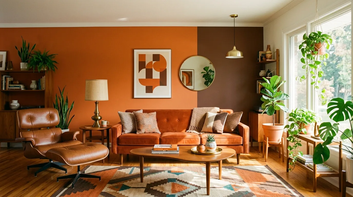 balance contrast with softness in a living room inspired by spicy brown orange retro.