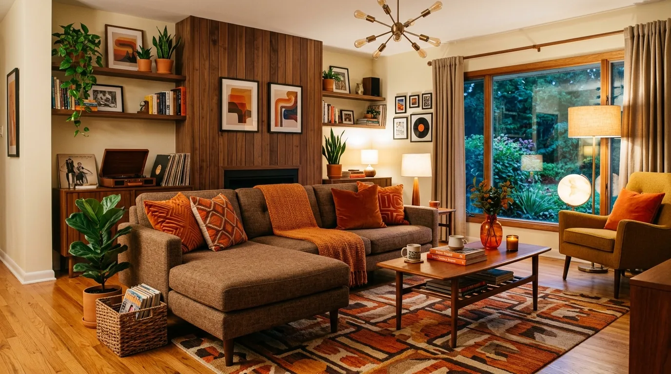 let the room feel relaxed and personal in a living room inspired by spicy brown orange retro.